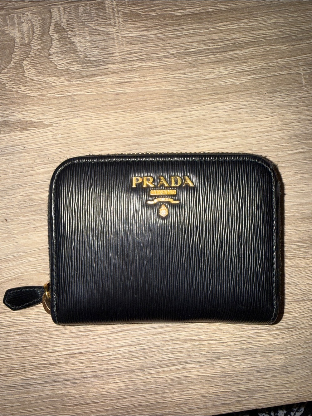 Prada Black Epi Leather Zip Card Case with Gold Hardware